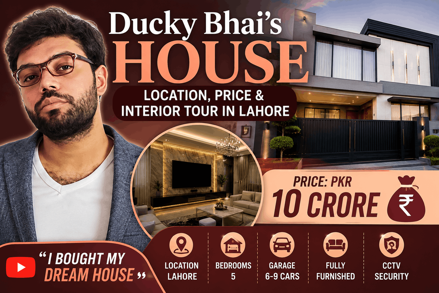 Ducky Bhai standing in front of his luxury house in Lahore featured in his official house tour