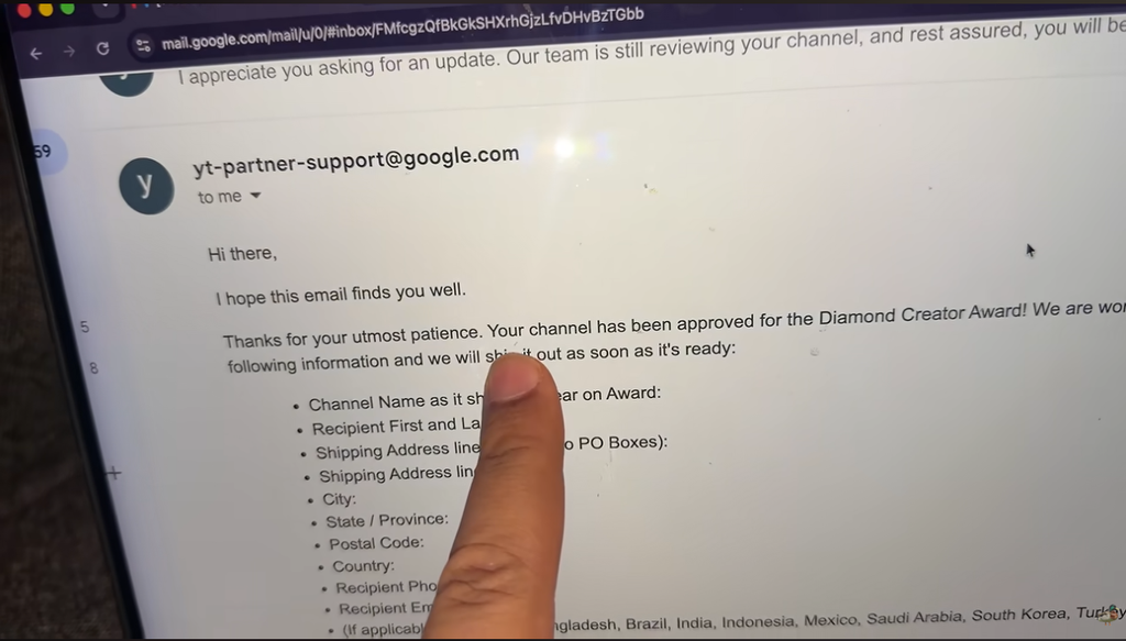 YouTube's approval email confirming Ducky Bhai's channel for the Diamond Creator Award, as shown in his vlog